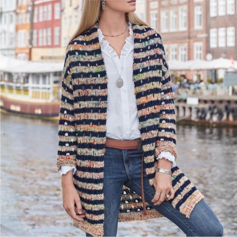 Sundance Wool Sunset Mélange Cardigan Sweater Navy Blue Multi stripe size Large